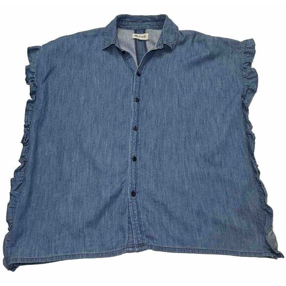 Madewell Denim Top Sz XXS Ruffie Shirt Blouse Cotton Linen Cap sleeve - Picture 4 of 8